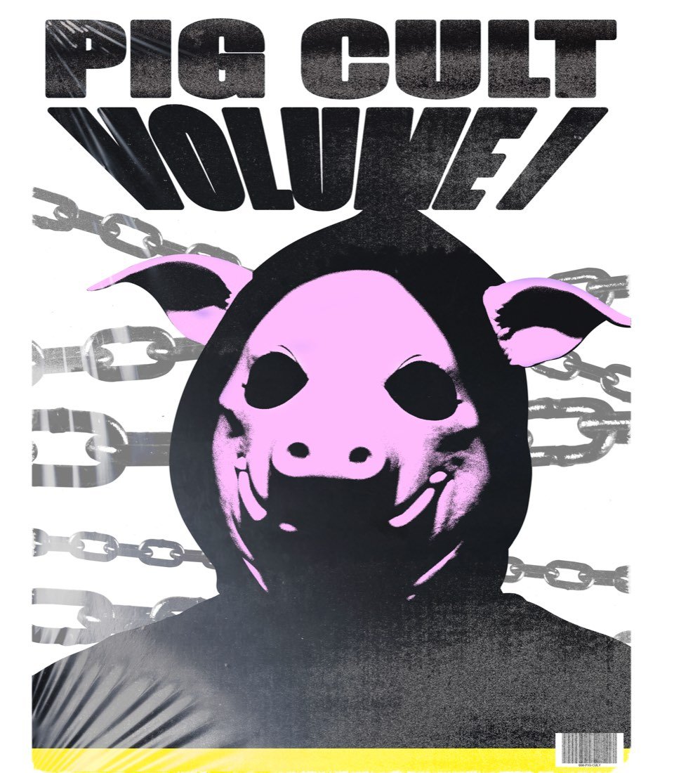 Pig Cult Volume 1 poster with a pig mask and chain graphics